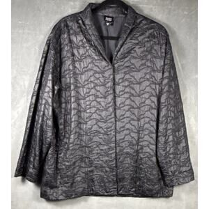 Eileen Fisher 100% Tussah Silk Textured Single Snap Black Jacket Pockets Sz MED.